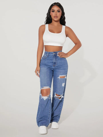 PETITE High Waist Ripped Straight Leg Jeans