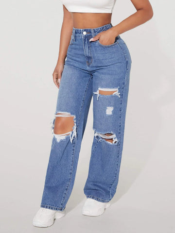 PETITE High Waist Ripped Straight Leg Jeans