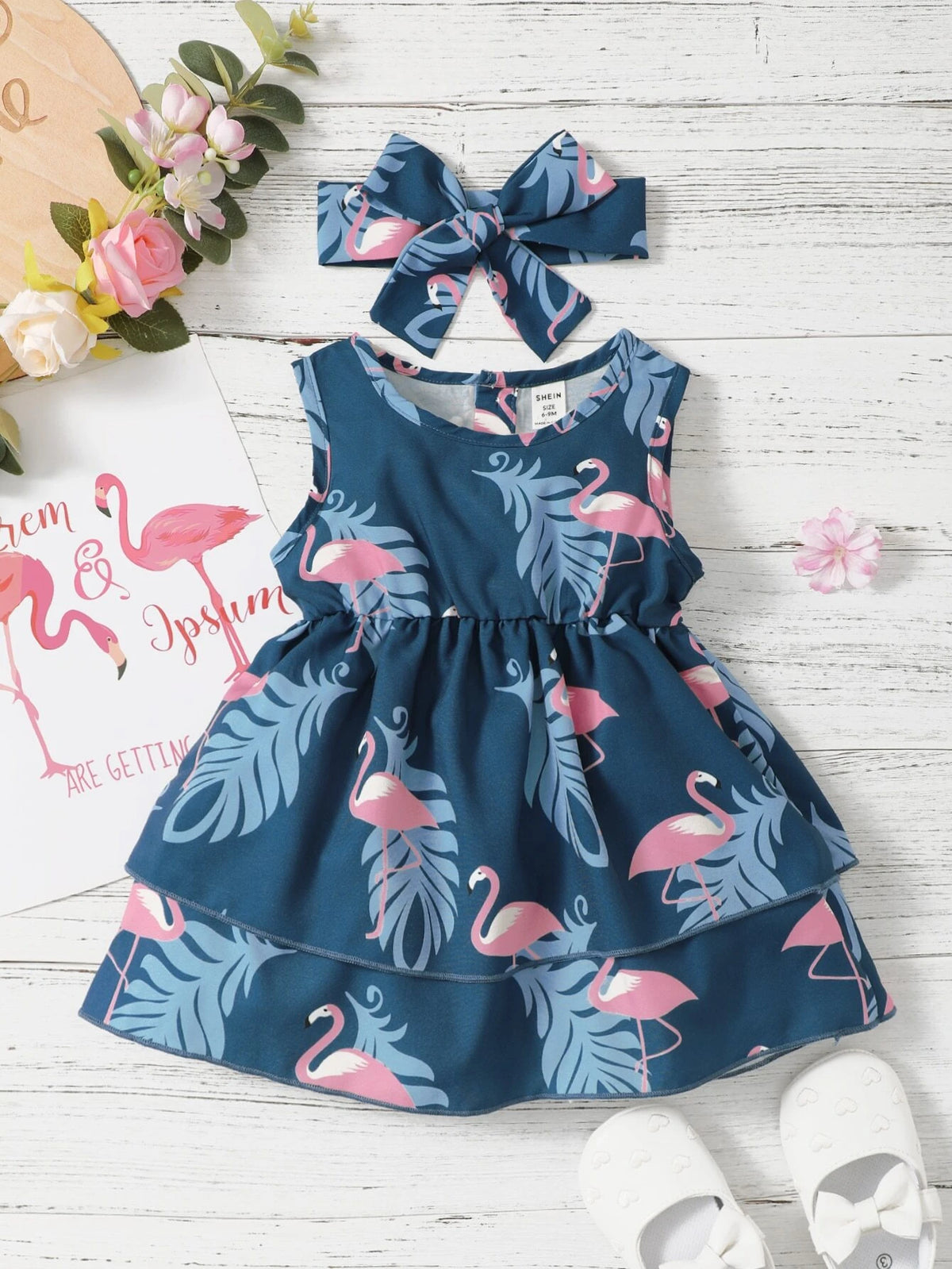 Flamingo Print Layered Hem A Line Dress With Headband