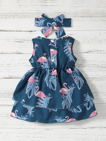 Flamingo Print Layered Hem A Line Dress With Headband