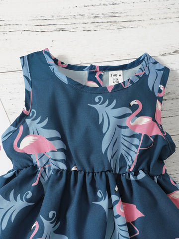 Flamingo Print Layered Hem A Line Dress With Headband