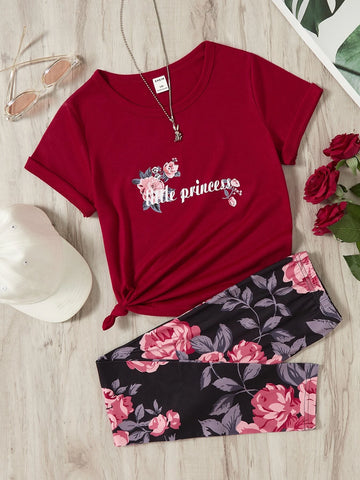 Girls Floral & Letter Graphic Tee & Leggings