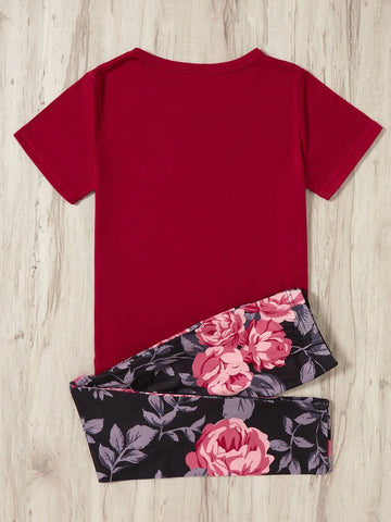 Girls Floral & Letter Graphic Tee & Leggings
