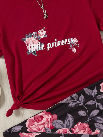 Girls Floral & Letter Graphic Tee & Leggings