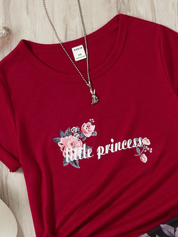 Girls Floral & Letter Graphic Tee & Leggings