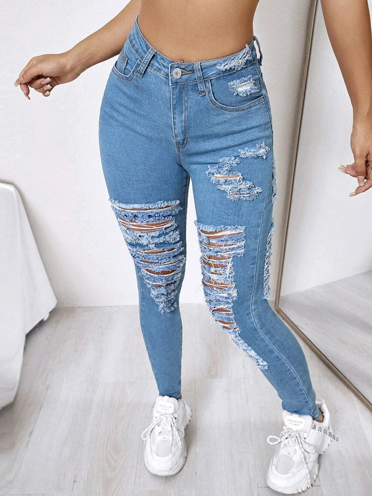 High Waist Ripped Frayed Skinny Jeans