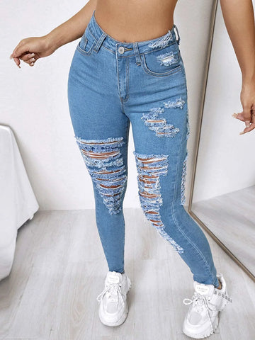 High Waist Ripped Frayed Skinny Jeans