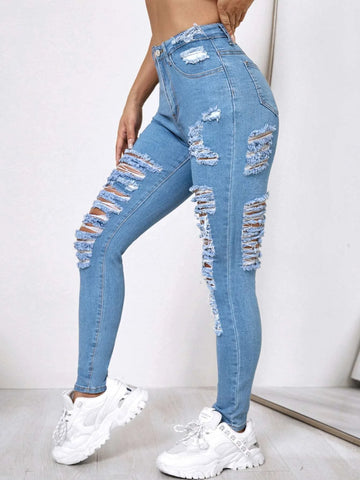 High Waist Ripped Frayed Skinny Jeans