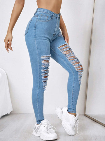 High Waist Ripped Frayed Skinny Jeans