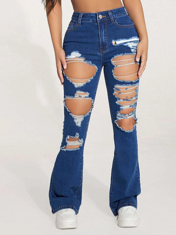 PETITE High Waist Ripped Flare Leg Jeans