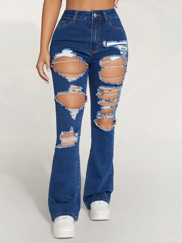 PETITE High Waist Ripped Flare Leg Jeans