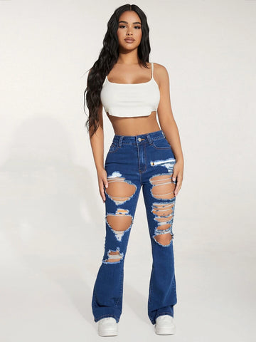 PETITE High Waist Ripped Flare Leg Jeans