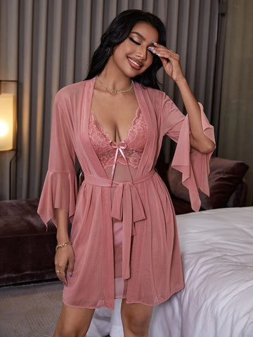 Flounce Sleeve Belted Sleep Robe & Lace Panel Bow Cami Nightdress