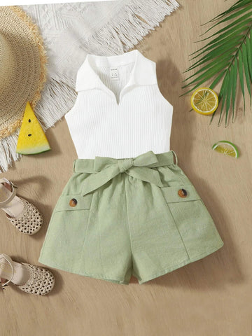 Baby Ribbed Knit Tank Top & Belted Shorts
