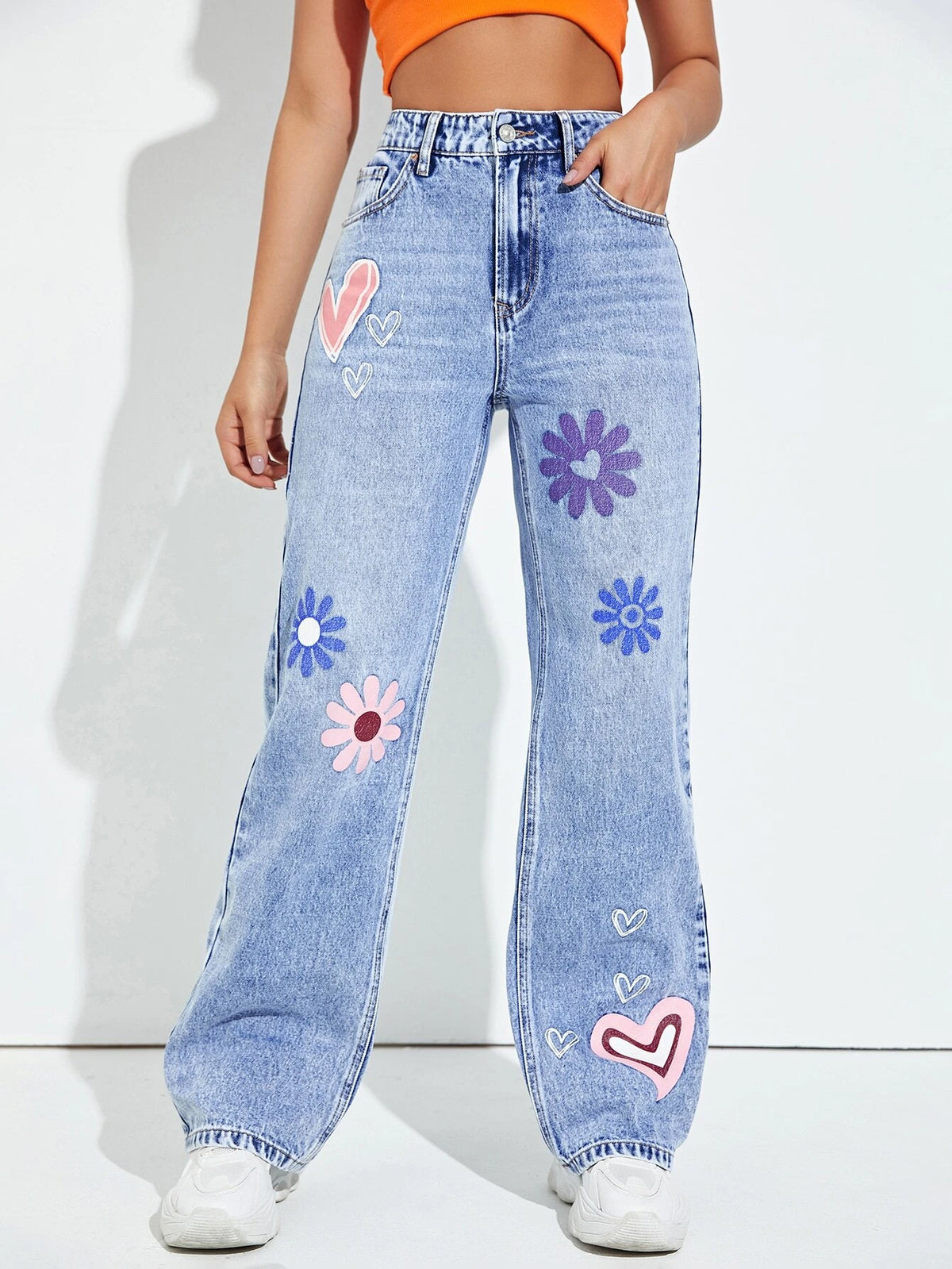 High Waist Floral & Heart Print Straight Leg Jeans