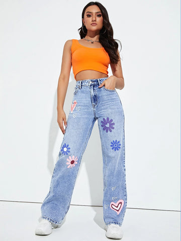High Waist Floral & Heart Print Straight Leg Jeans