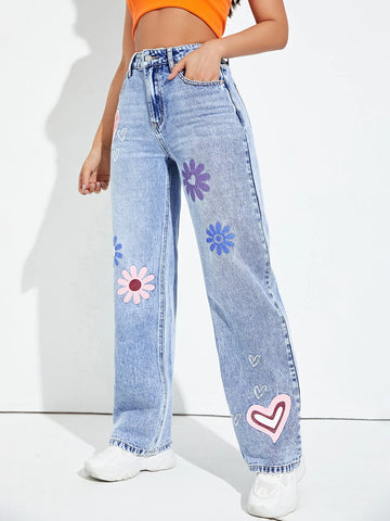 High Waist Floral & Heart Print Straight Leg Jeans
