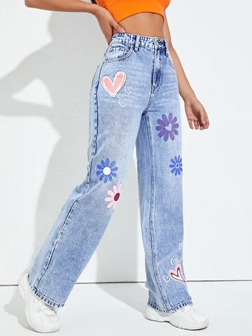 High Waist Floral & Heart Print Straight Leg Jeans