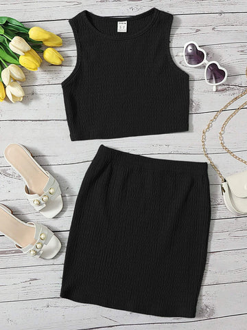 Girls Solid Tank Top & Skirt
