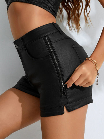 Apperloth A High Waist Zipper Side PU Leather Shorts