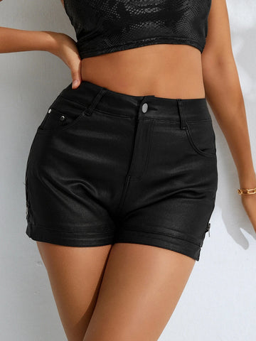 Apperloth A High Waist Zipper Side PU Leather Shorts