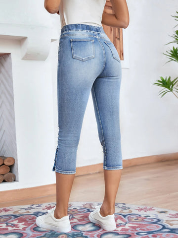 Drawstring Waist Button Hem Skinny Capri Jeans