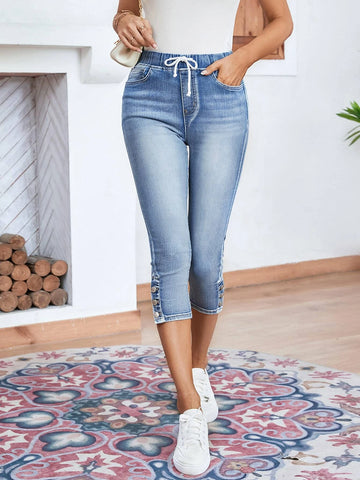 Drawstring Waist Button Hem Skinny Capri Jeans
