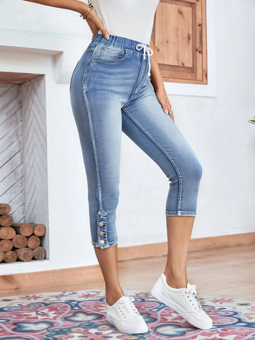 Drawstring Waist Button Hem Skinny Capri Jeans