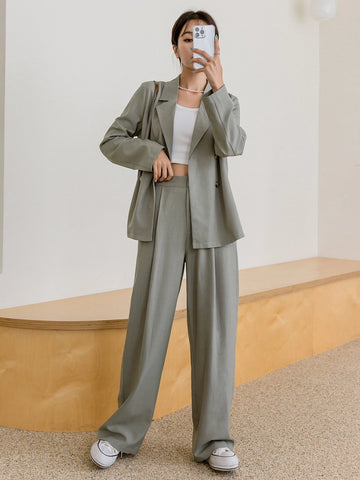 DAZY Lapel Neck Blazer & Fold Pleated Tailored Pants