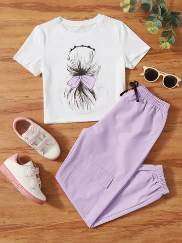 Girls 1pc Figure Graphic Tee With 1pc Cargo Pants