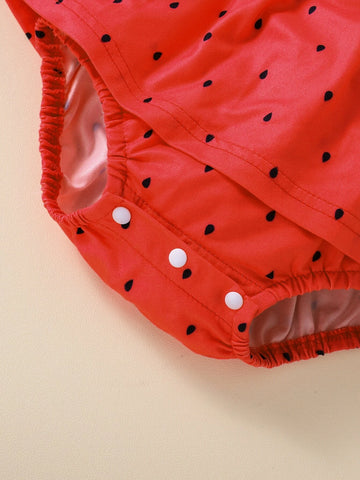 Baby Water-drop Print Tie Shoulder Combo Bodysuit Dress