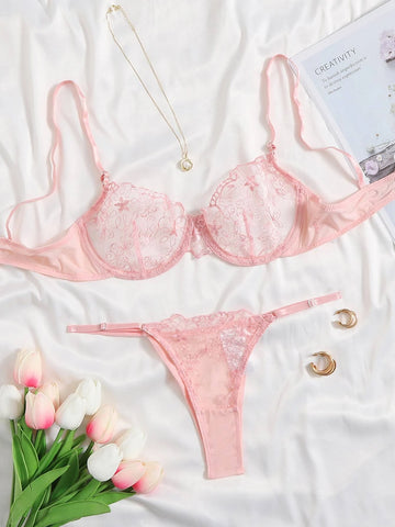 Sheer Mesh Embroidery Underwire Lingerie Set