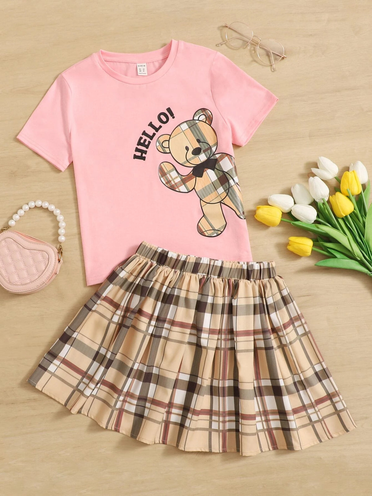 Girls 1 PC Cartoon Bear & Letter Graphic Tee & Plaid Skirt
