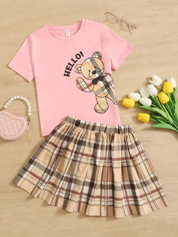 Girls 1 PC Cartoon Bear & Letter Graphic Tee & Plaid Skirt