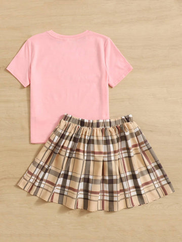 Girls 1 PC Cartoon Bear & Letter Graphic Tee & Plaid Skirt