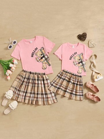 Girls 1 PC Cartoon Bear & Letter Graphic Tee & Plaid Skirt