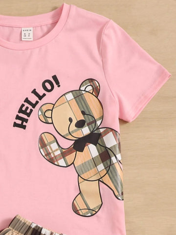 Girls 1 PC Cartoon Bear & Letter Graphic Tee & Plaid Skirt