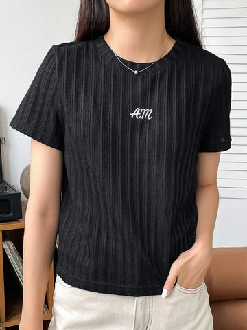 DAZY Letter Embroidery Rib-knit Tee