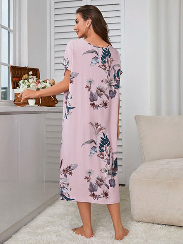 Floral Print V Neck Batwing Sleeve Night Dress