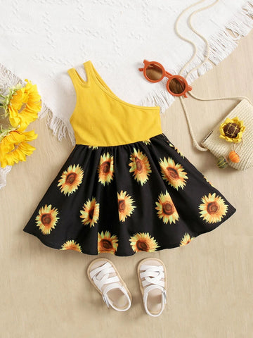 Baby One Shoulder Sunflower Print Dress