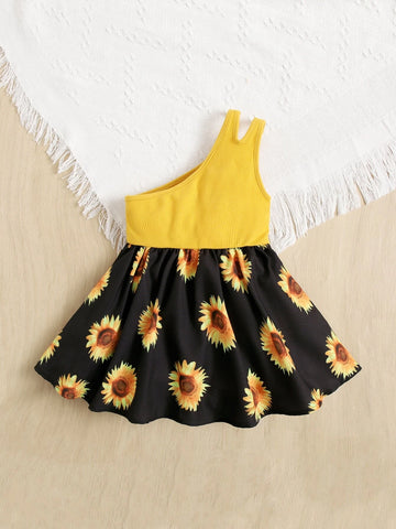 Baby One Shoulder Sunflower Print Dress
