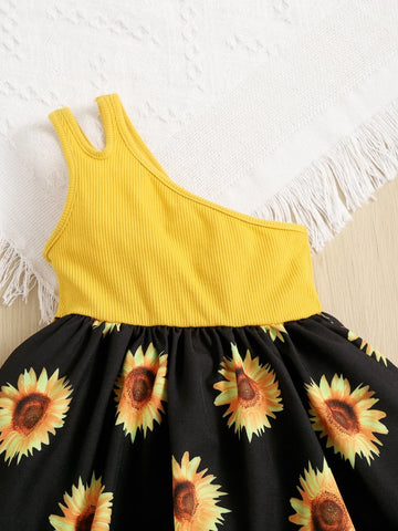 Baby One Shoulder Sunflower Print Dress