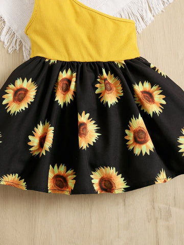 Baby One Shoulder Sunflower Print Dress
