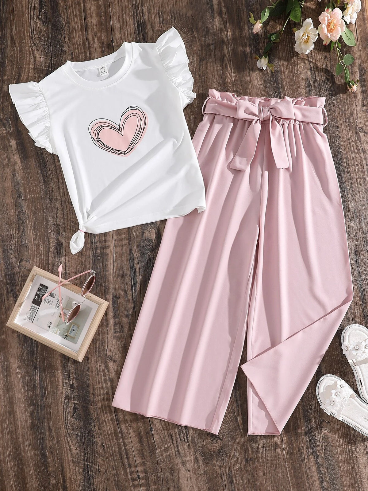 Girls Heart Print Ruffle Trim Top & Belted Pants