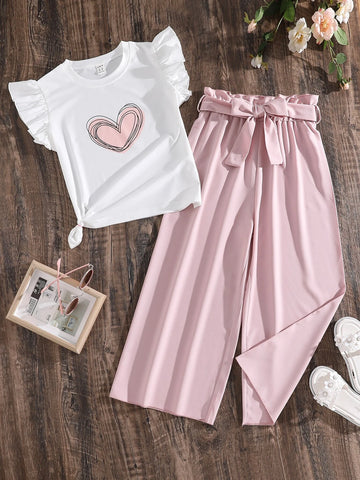 Girls Heart Print Ruffle Trim Top & Belted Pants