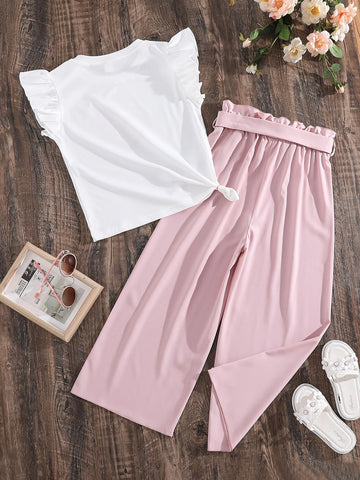 Girls Heart Print Ruffle Trim Top & Belted Pants