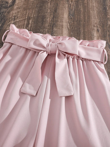 Girls Heart Print Ruffle Trim Top & Belted Pants