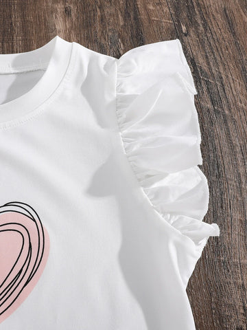 Girls Heart Print Ruffle Trim Top & Belted Pants