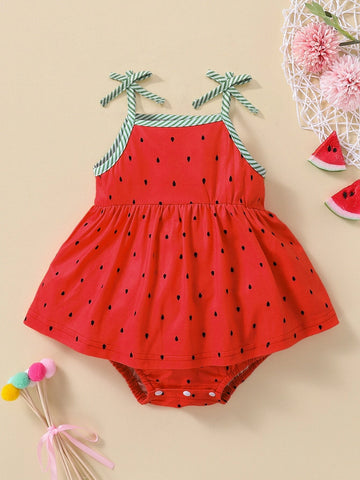 Baby Water-drop Print Tie Shoulder Combo Bodysuit Dress