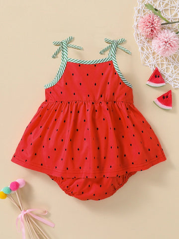 Baby Water-drop Print Tie Shoulder Combo Bodysuit Dress